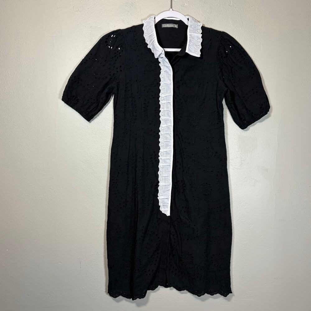 Cottagecore goth black eyelet lace ruffle‎ mini dress, Lordkitsch, EU 38 / US 6
